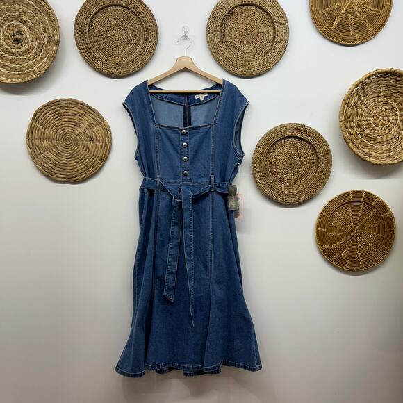 NEW $130 NY&C Eva Mendes Idalia Denim Midi Dress Plus Size XXL Blue Belt Button - Picture 1 of 7